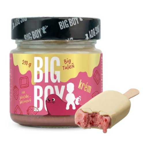 Mandľový krém JAHODA s vrstvou bielej čokolády 210g Big Boy® Mandľový krém JAHODA s vrstvou bielej čokolády 210g Big Boy®